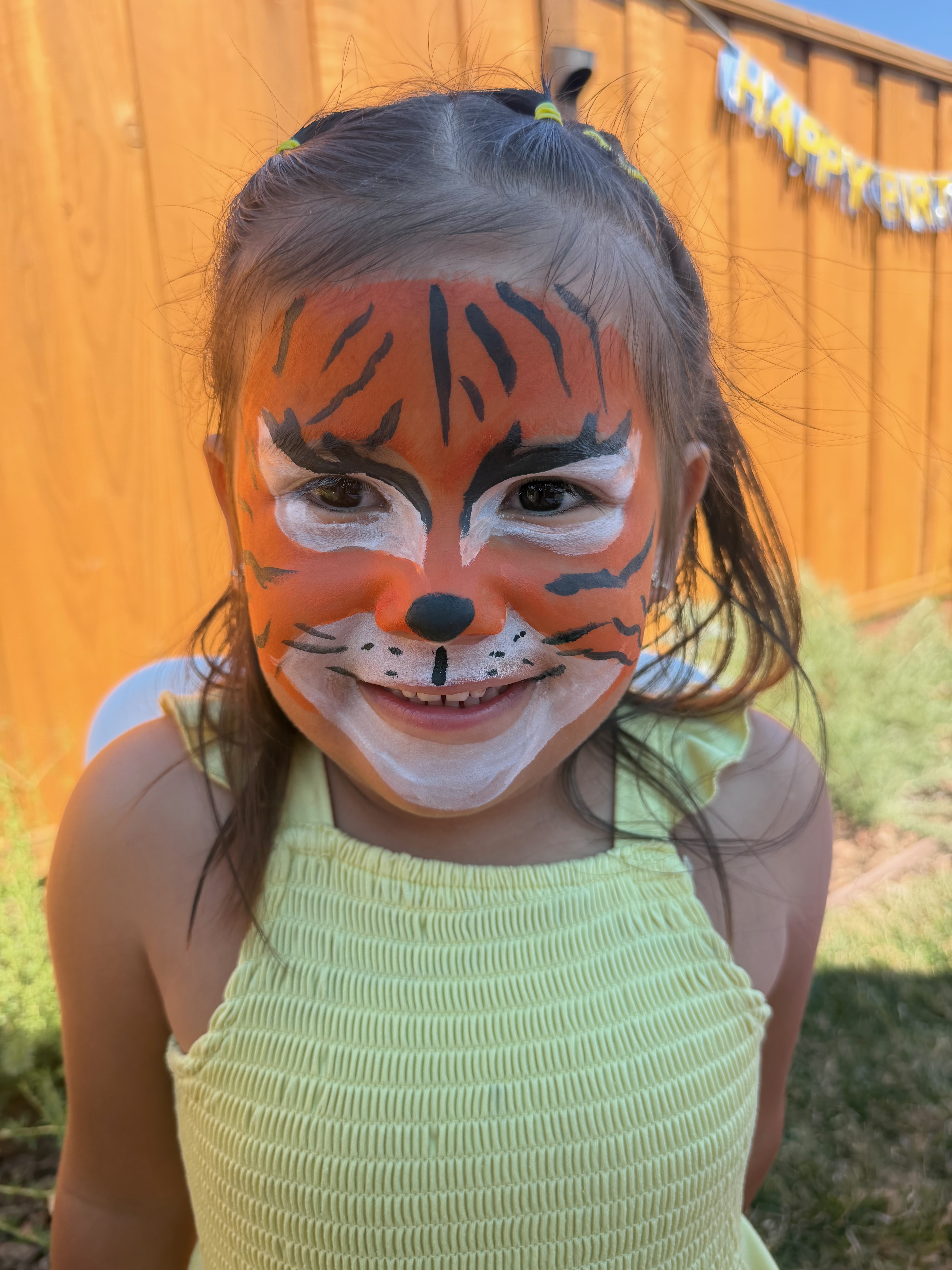 Child with an orange and white tiger face painting
